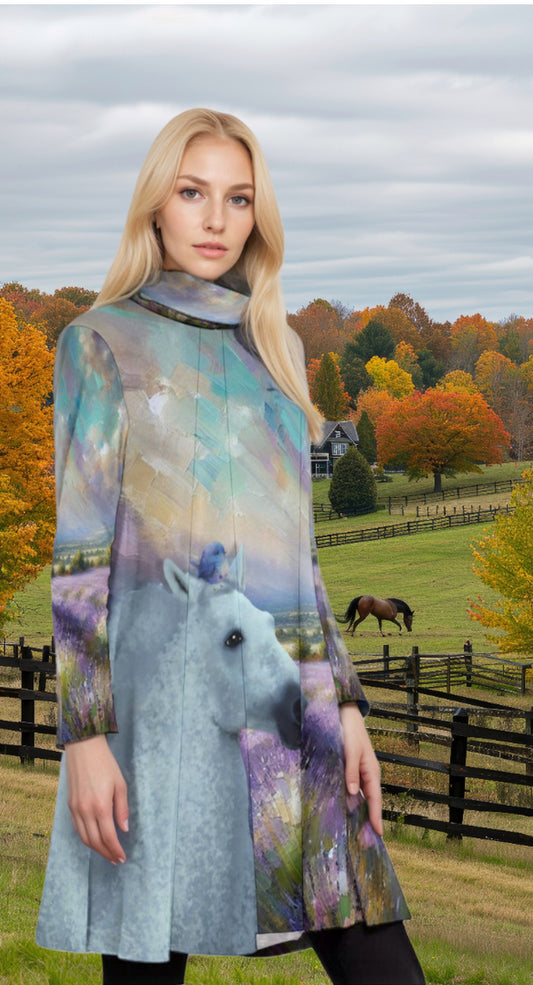 Top-Tunic-Dress-Turtle Neck-Long Sleeves-All Over Print-White Horses-Bird Purple-Blue-Grey-Flowers