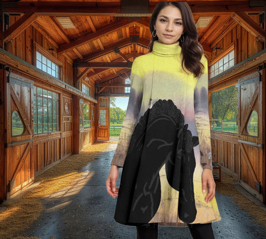 Top-Tunic-Dress-Turtle Neck-Long Sleeves-All Over Print-Black Horses-Field-Yellow-Black-Pastels