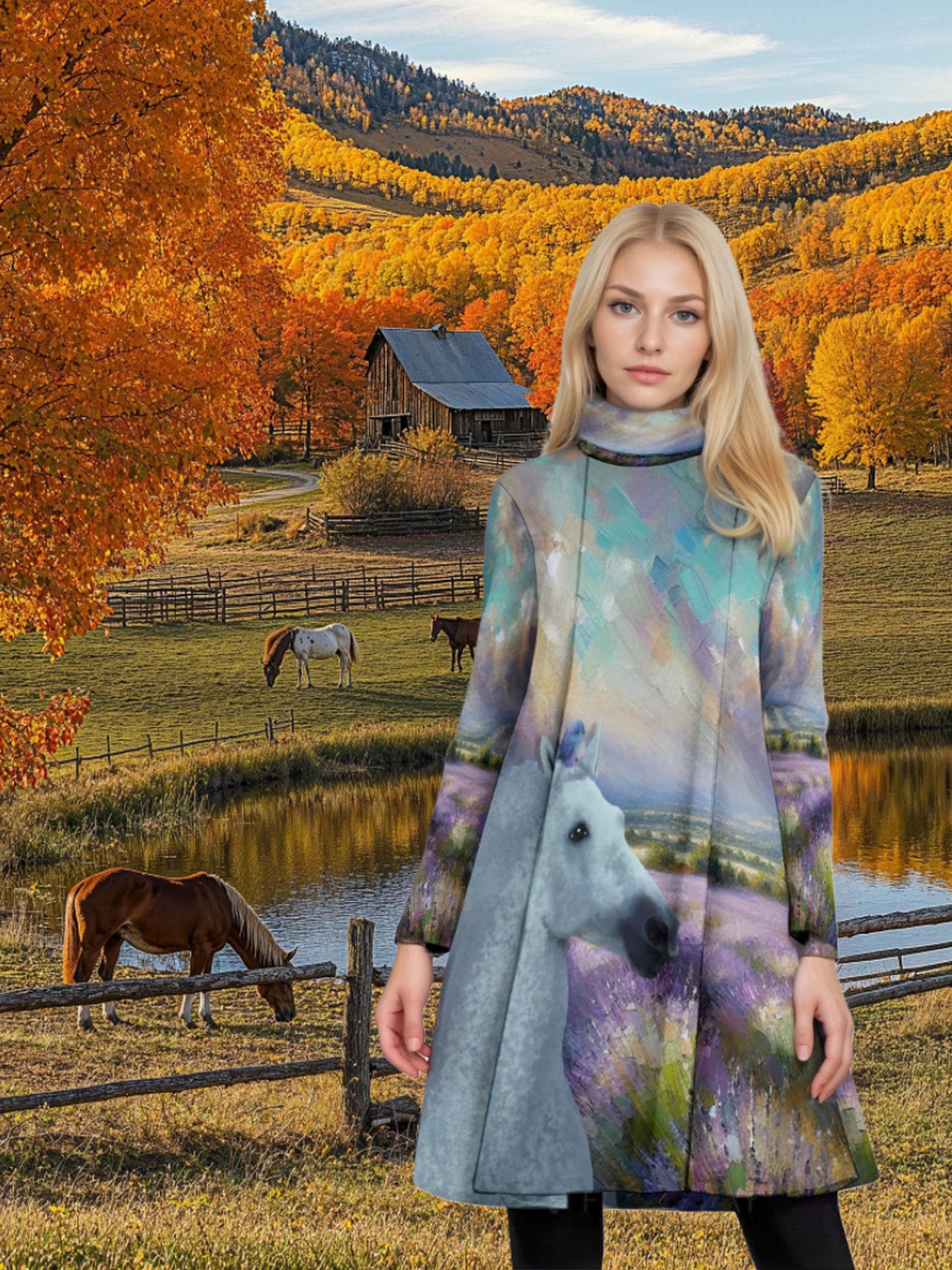 Top-Tunic-Dress-Turtle Neck-Long Sleeves-All Over Print-White Horses-Bird Purple-Blue-Grey-Flowers