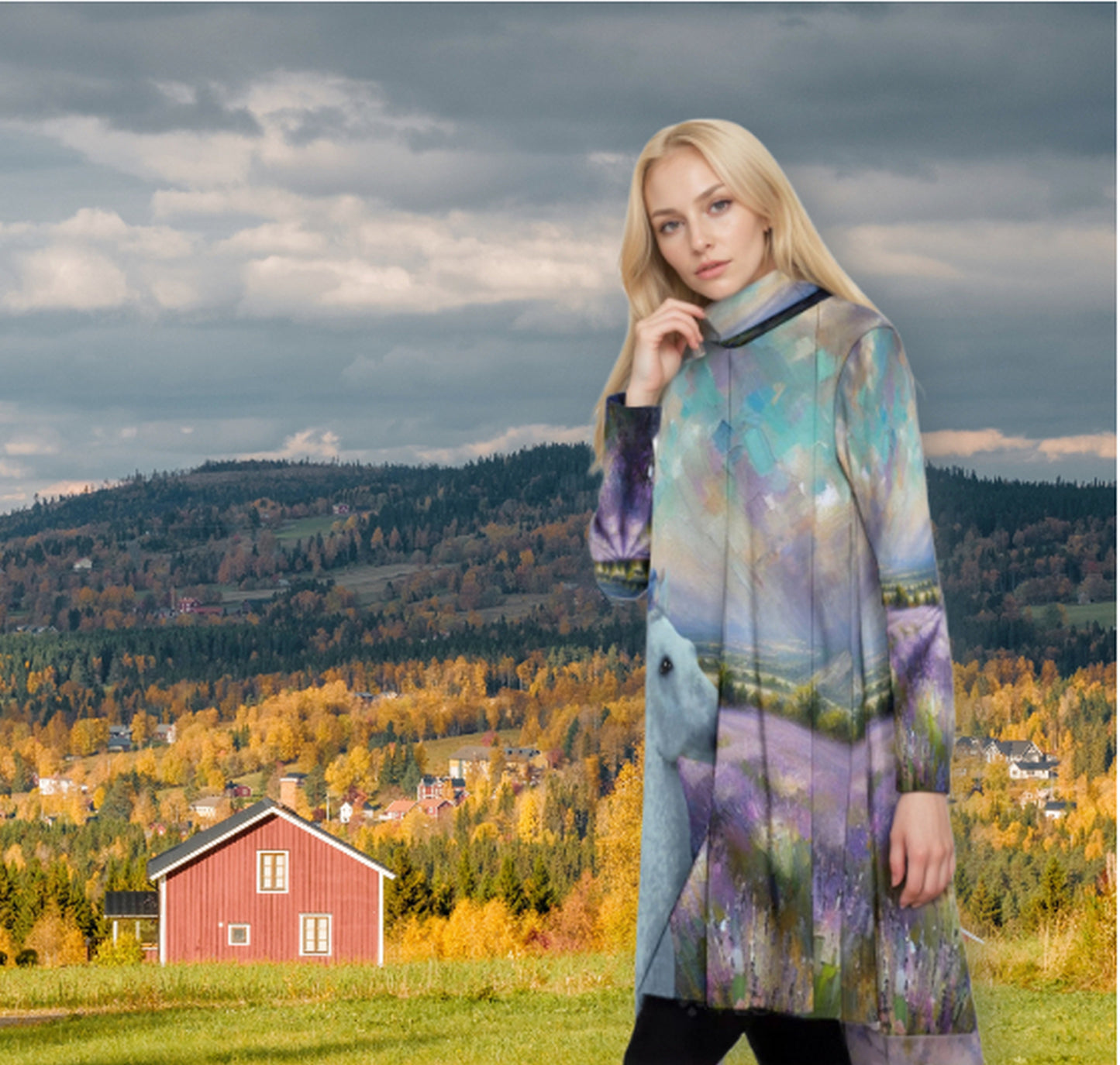 Top-Tunic-Dress-Turtle Neck-Long Sleeves-All Over Print-White Horses-Bird Purple-Blue-Grey-Flowers