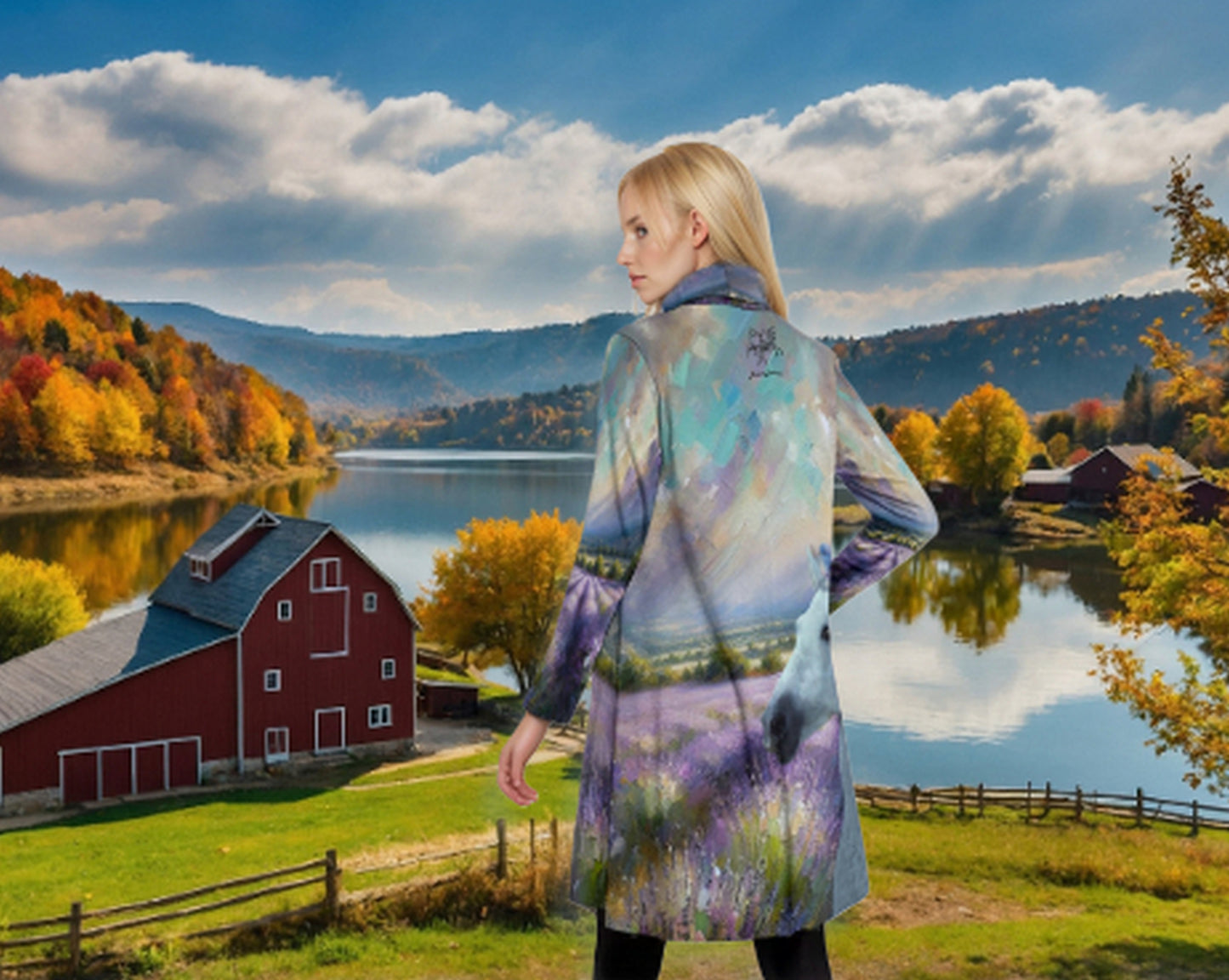 Top-Tunic-Dress-Turtle Neck-Long Sleeves-All Over Print-White Horses-Bird Purple-Blue-Grey-Flowers