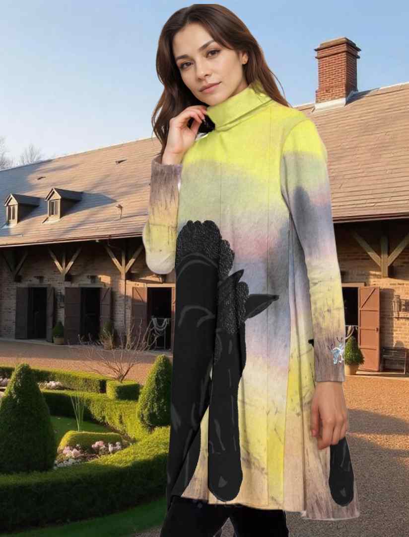 Top-Tunic-Dress-Turtle Neck-Long Sleeves-All Over Print-Black Horses-Field-Yellow-Black-Pastels