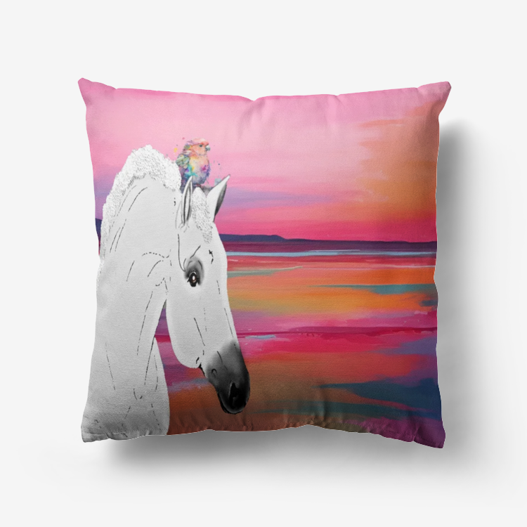 Pillow-Throw-Premium Hypoallergenic-White horse-Pink Sea Sunset