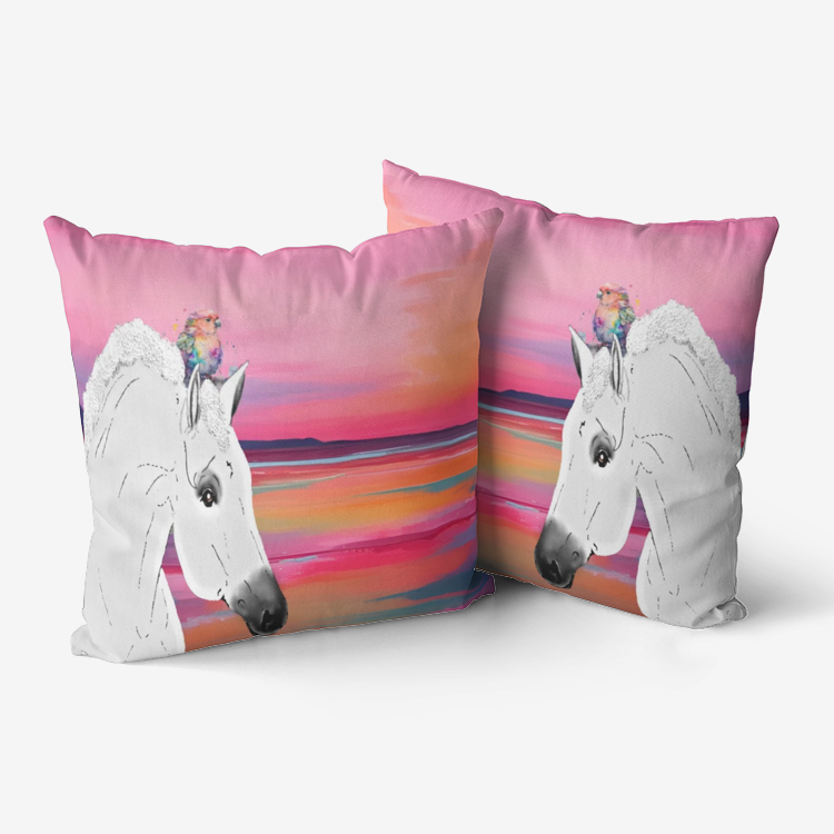 Pillow-Throw-Premium Hypoallergenic-White horse-Pink Sea Sunset