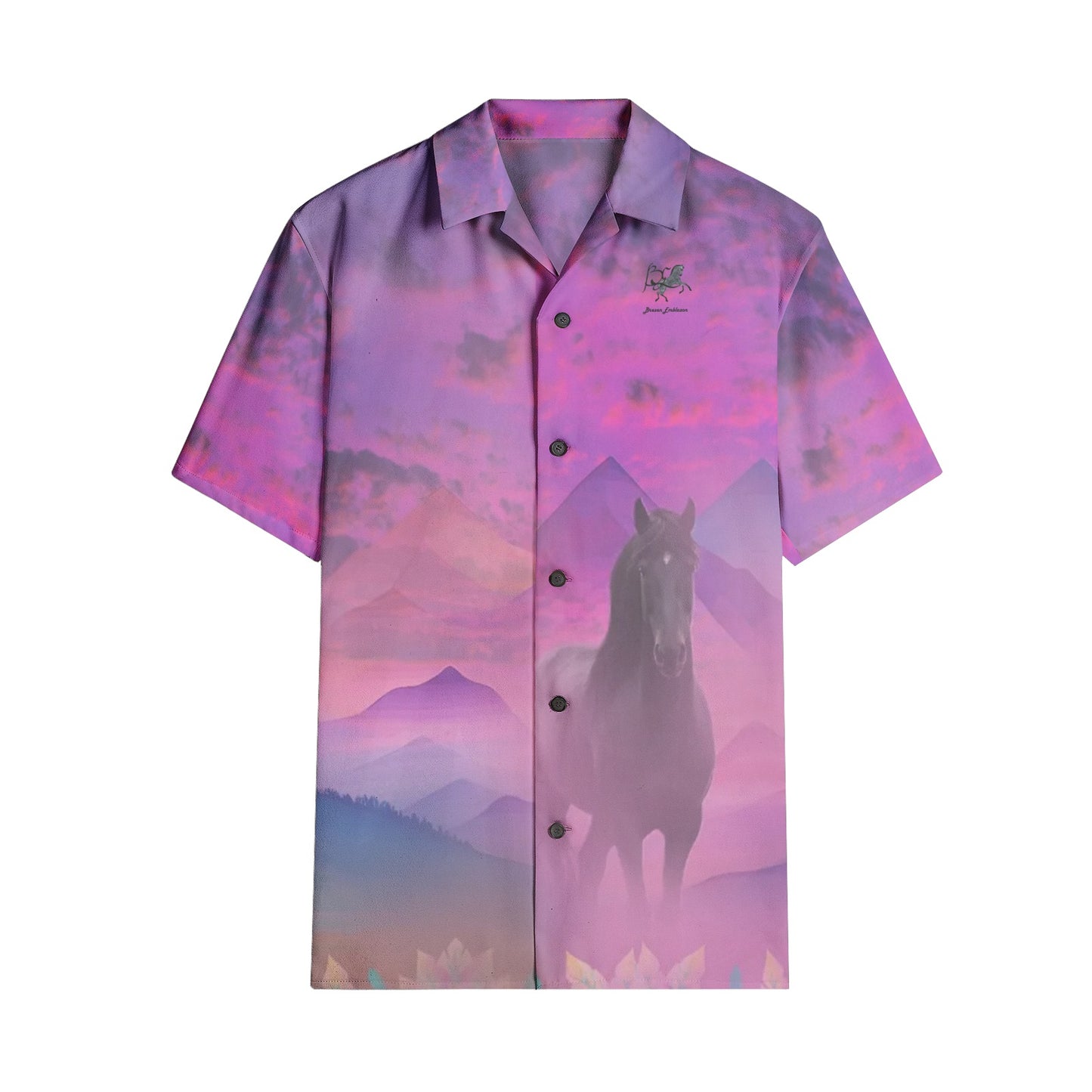 Shirts-Short Sleeve-Button Up-Women's-Men's-Unisex-All-over print-Horse-Mountain Valley Sunset-Pink-Purple