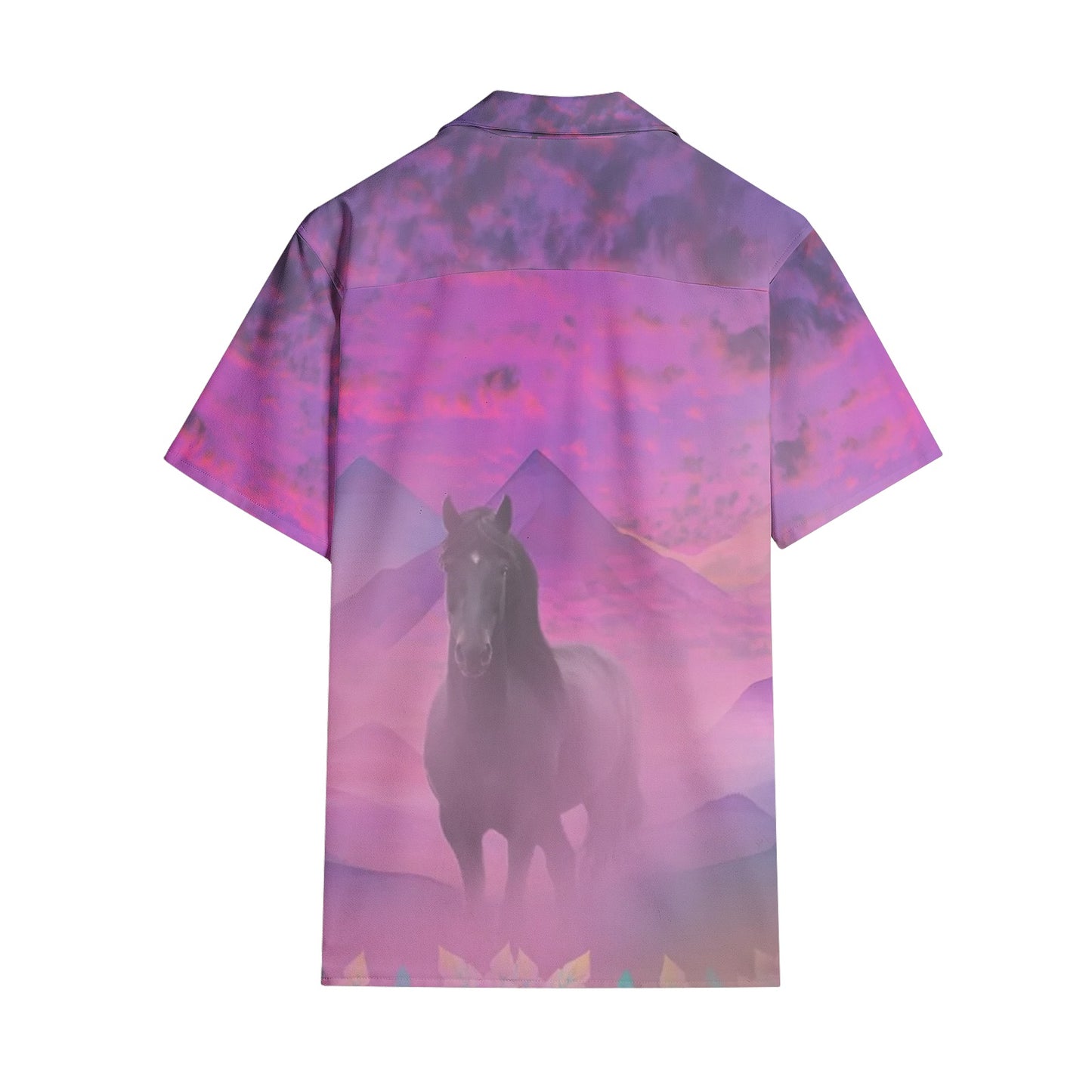 Shirts-Short Sleeve-Button Up-Women's-Men's-Unisex-All-over print-Horse-Mountain Valley Sunset-Pink-Purple