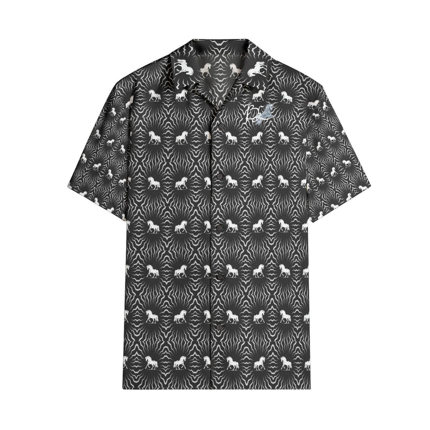 Shirts-Short Sleeve-Button Up-Women's-Men's-Unisex-All-over print-Horse-Black