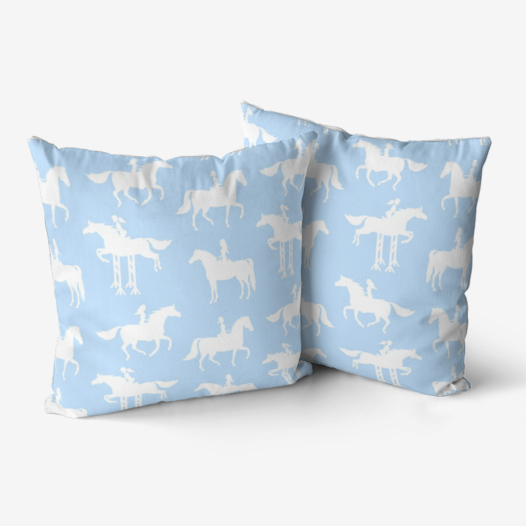 Pillow-Throw-Premium Hypoallergenic-White Horse Jumping-Light Blue