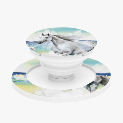 Phone Pop Socket Horse Design-Magnetic Collapsible Grip And Stand-White Gray Horse-Ocean