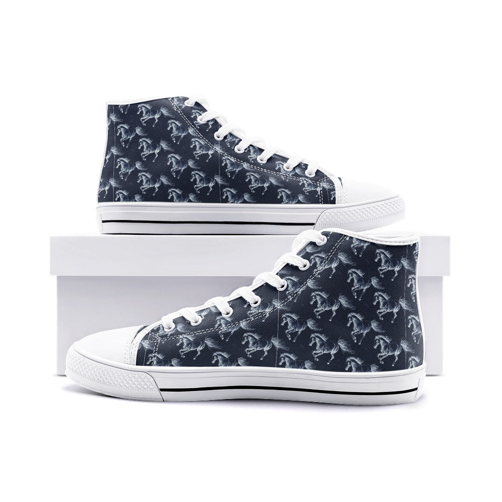 High Top Sneakers-Women-Men-Unisex-Canvas-Lace Up-Horses-Black White