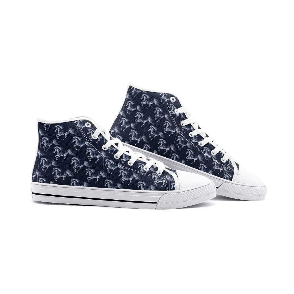 High Top Sneakers-Women-Men-Unisex-Canvas-Lace Up-Horses-Black White