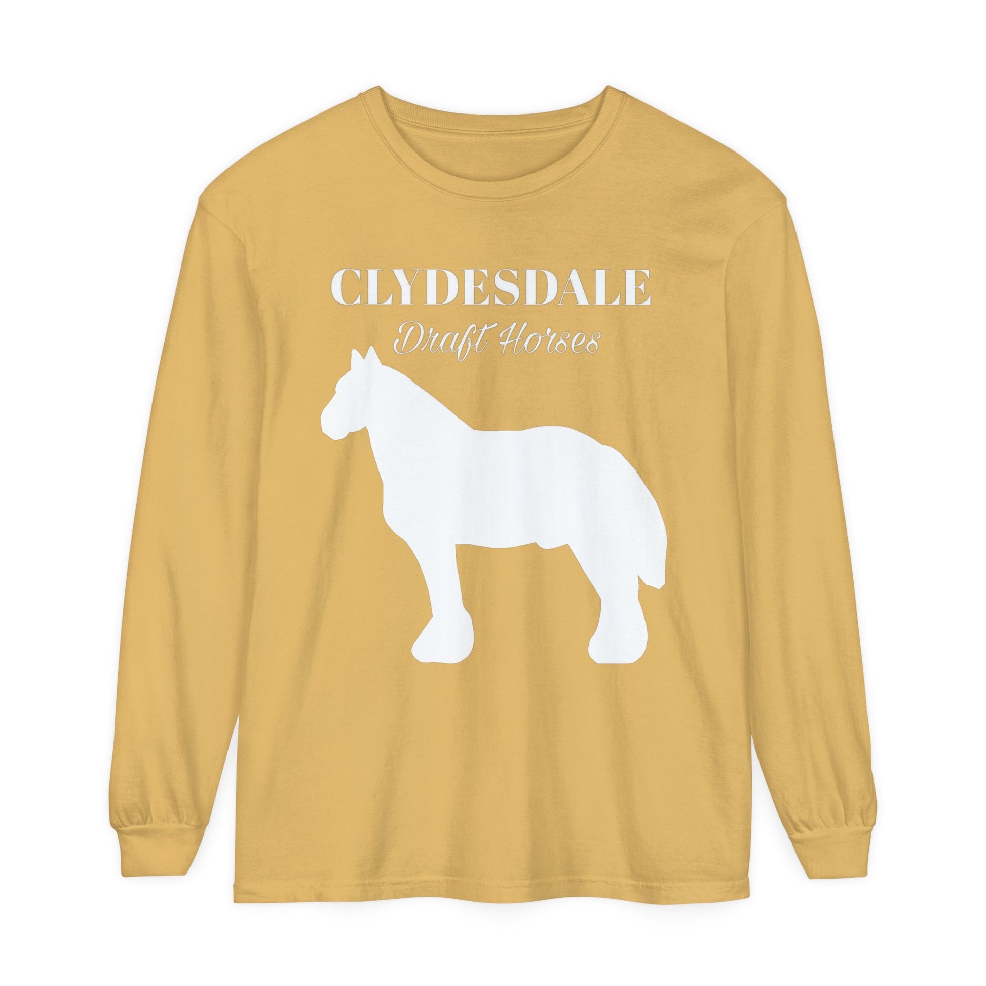 Unisex Horse T-Shirt-Garment-dyed-Long Sleeve-All Cotton-CLYDESDALE HORSES - BrazenEmblazon