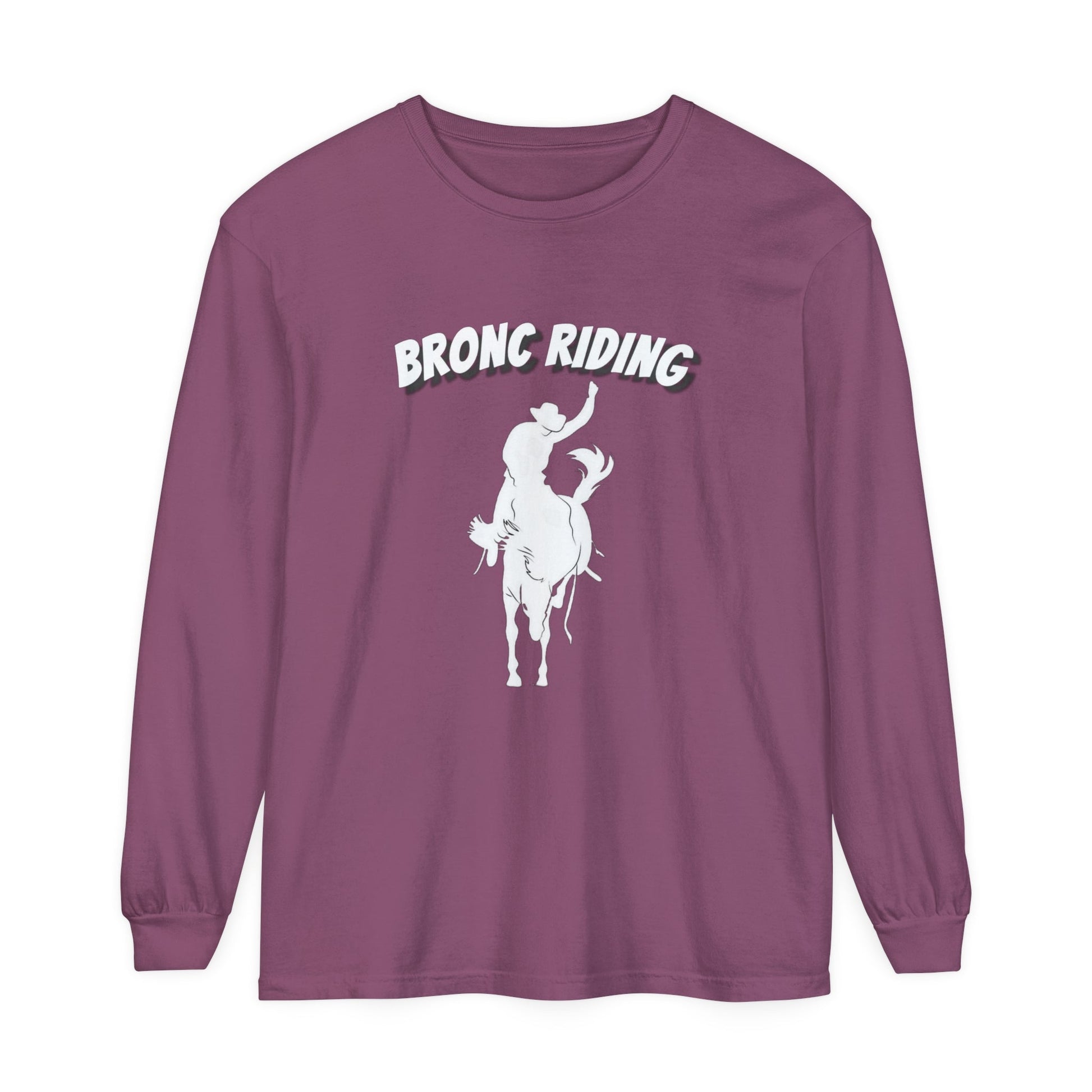 Unisex Horse T-Shirt-Garment-dyed-Long Sleeve-All Cotton-BRONC RIDER - BrazenEmblazon