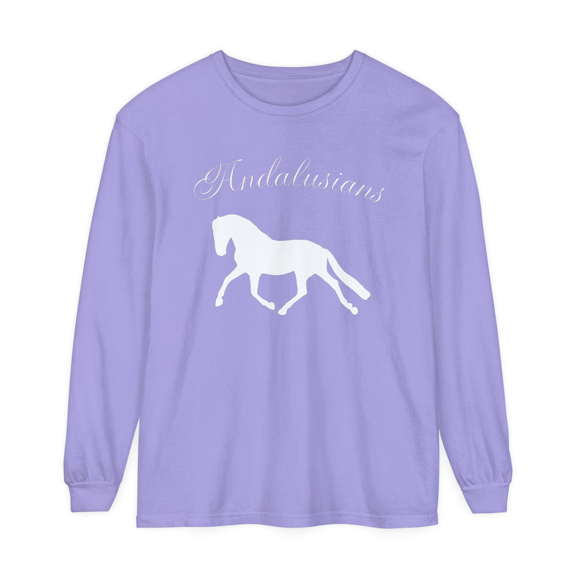 Unisex Horse T-Shirt-Garment-dyed-Long Sleeve-All Cotton-ANDALUSIANS - BrazenEmblazon