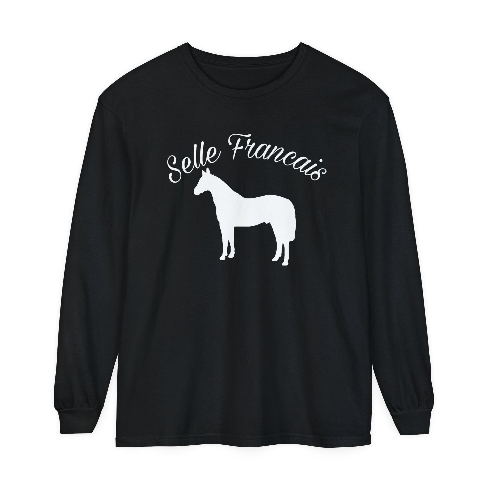 Unisex Horse T-Shirt-Garment-dyed-Long Sleeve-All Cotton-SELLE FRANCIAS WARMBLOOD HORSES - BrazenEmblazon