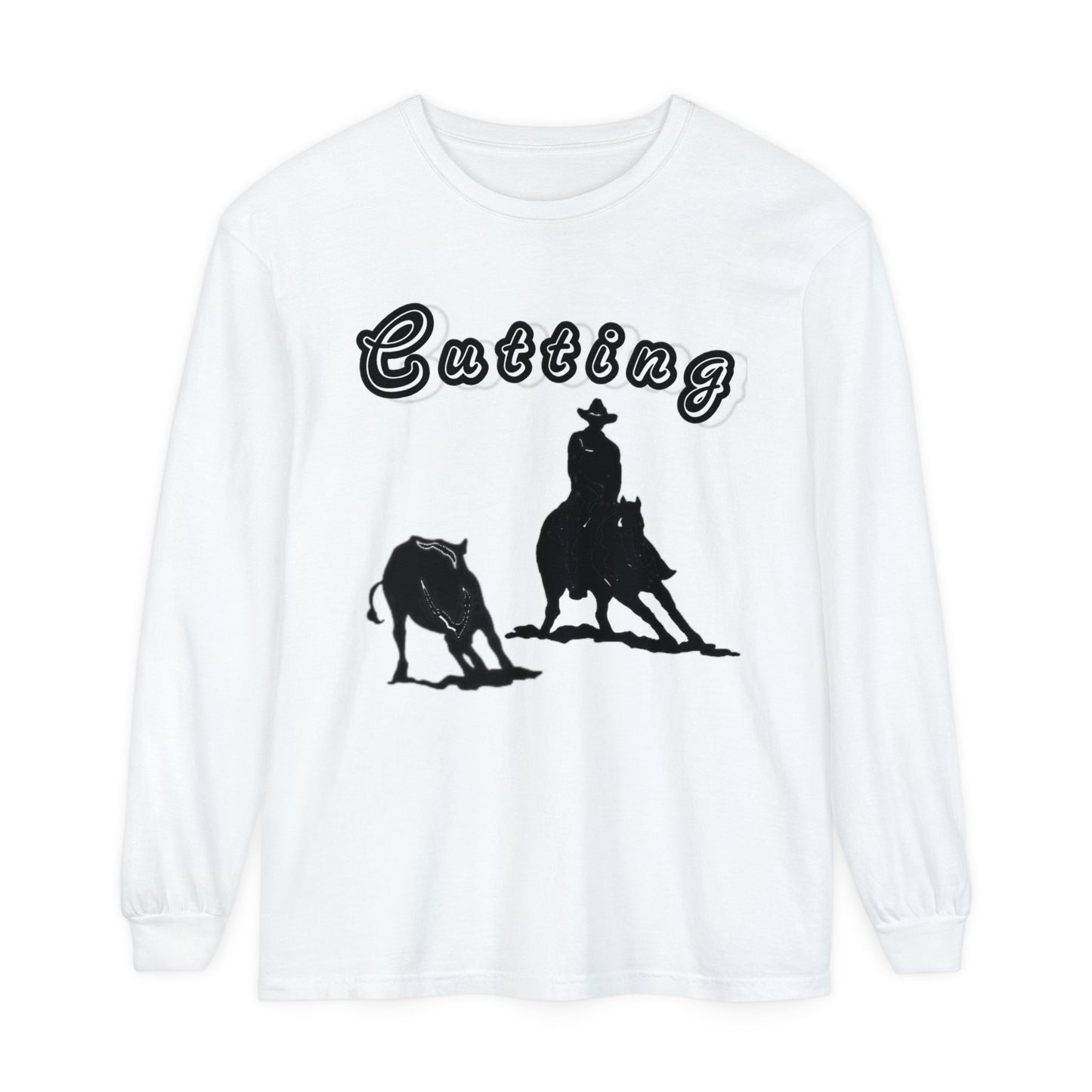 Unisex Horse T-Shirt-Garment-dyed-Long Sleeve-All Cotton-CUTTING HORSES - BrazenEmblazon