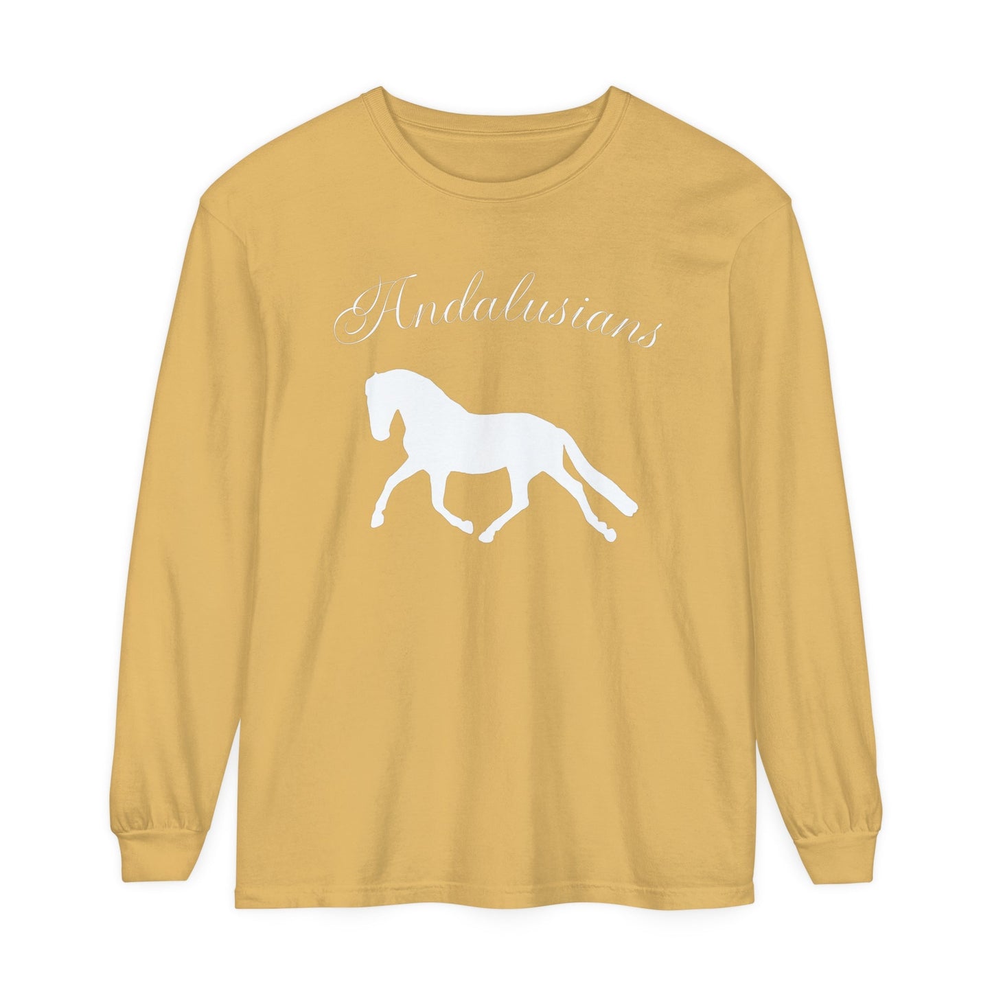 Unisex Horse T-Shirt-Garment-dyed-Long Sleeve-All Cotton-ANDALUSIANS - BrazenEmblazon