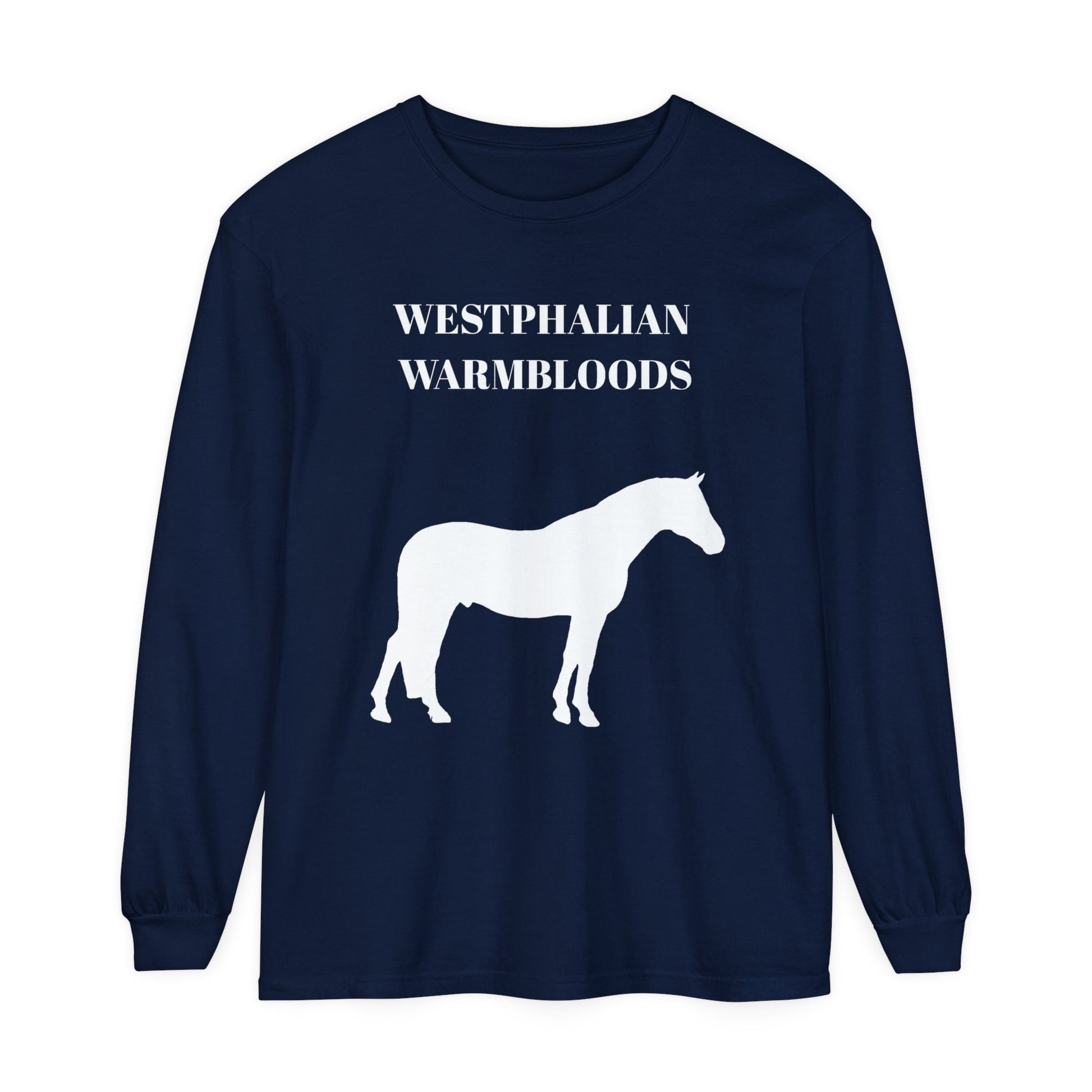 Unisex Horse T-Shirt-Garment-dyed-Long Sleeve-All Cotton-WESTPHALIAN WARMBLOOD HORSES - BrazenEmblazon