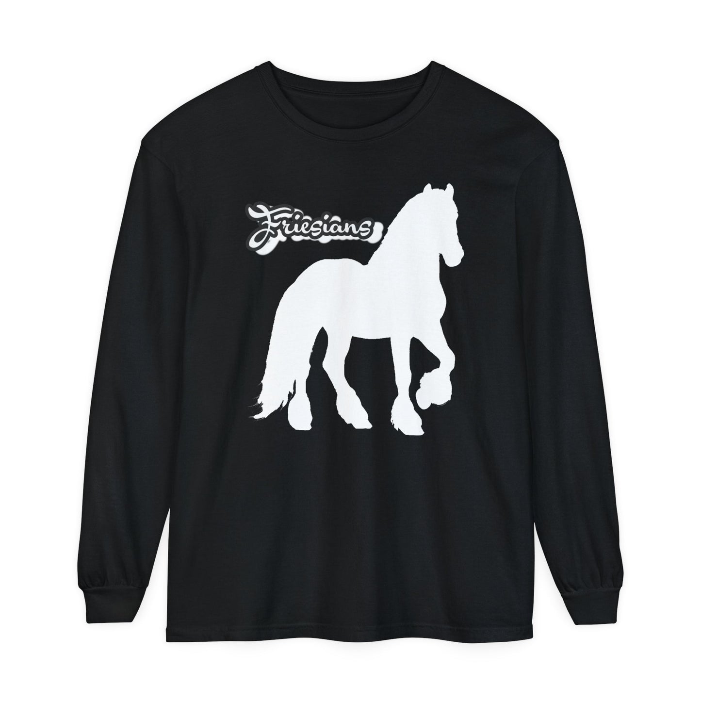 Unisex Horse T-Shirt-Garment-dyed-Long Sleeve-All Cotton-FRIESIANS - BrazenEmblazon