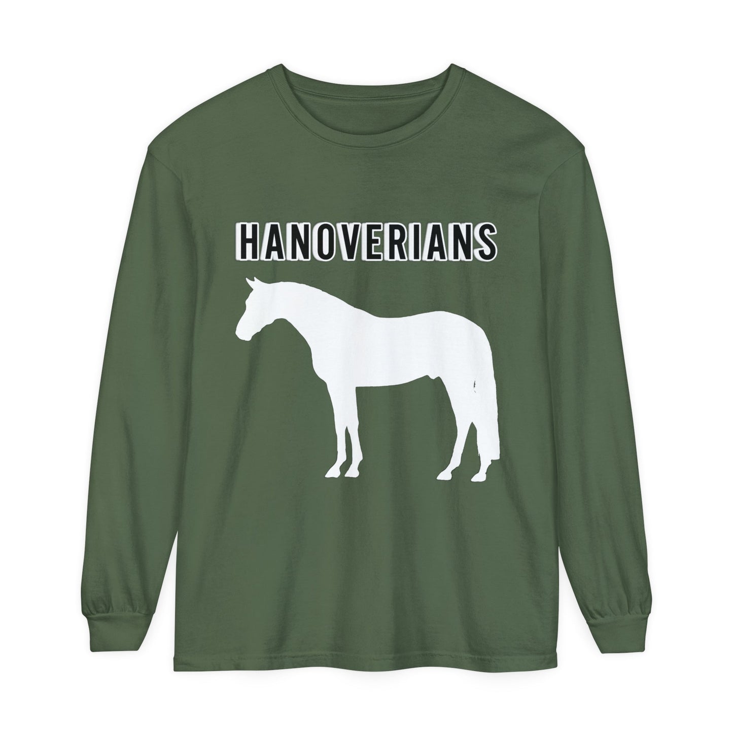 Unisex Horse T-Shirt-Garment-dyed-Long Sleeve-All Cotton-HANOVERIAN WARMBLOOD HORSES - BrazenEmblazon