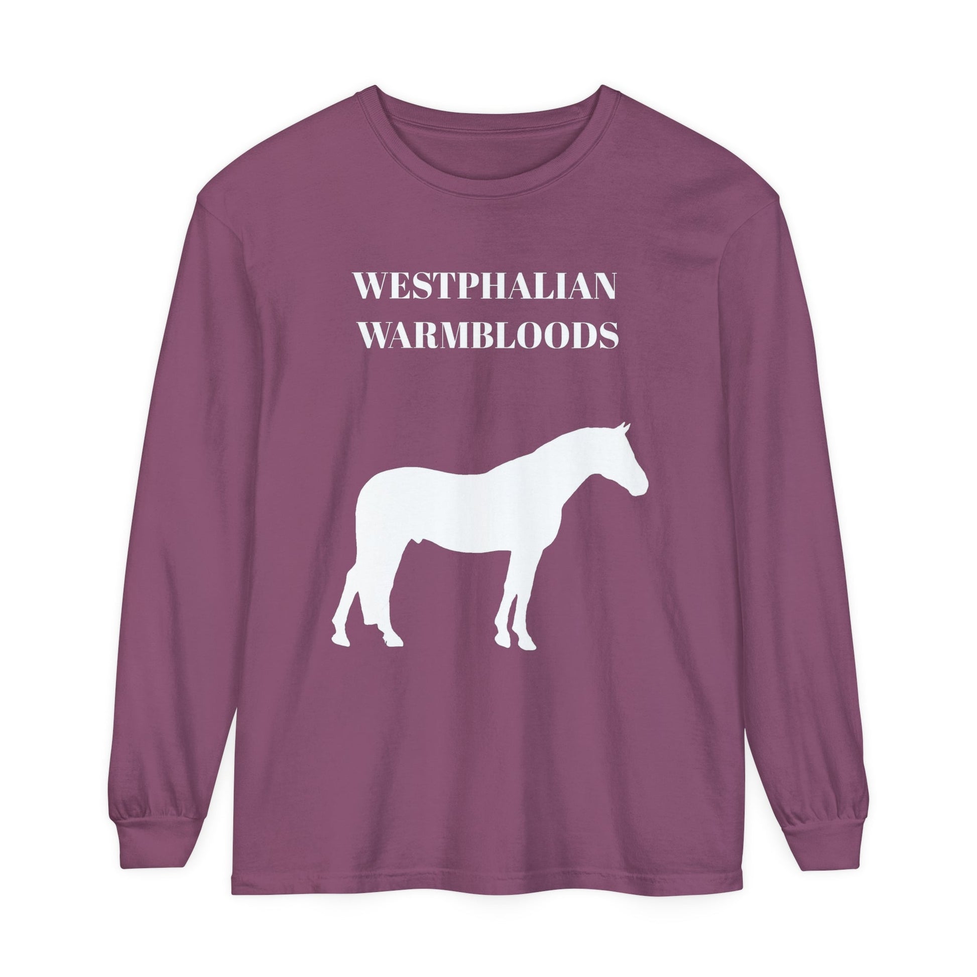 Unisex Horse T-Shirt-Garment-dyed-Long Sleeve-All Cotton-WESTPHALIAN WARMBLOOD HORSES - BrazenEmblazon