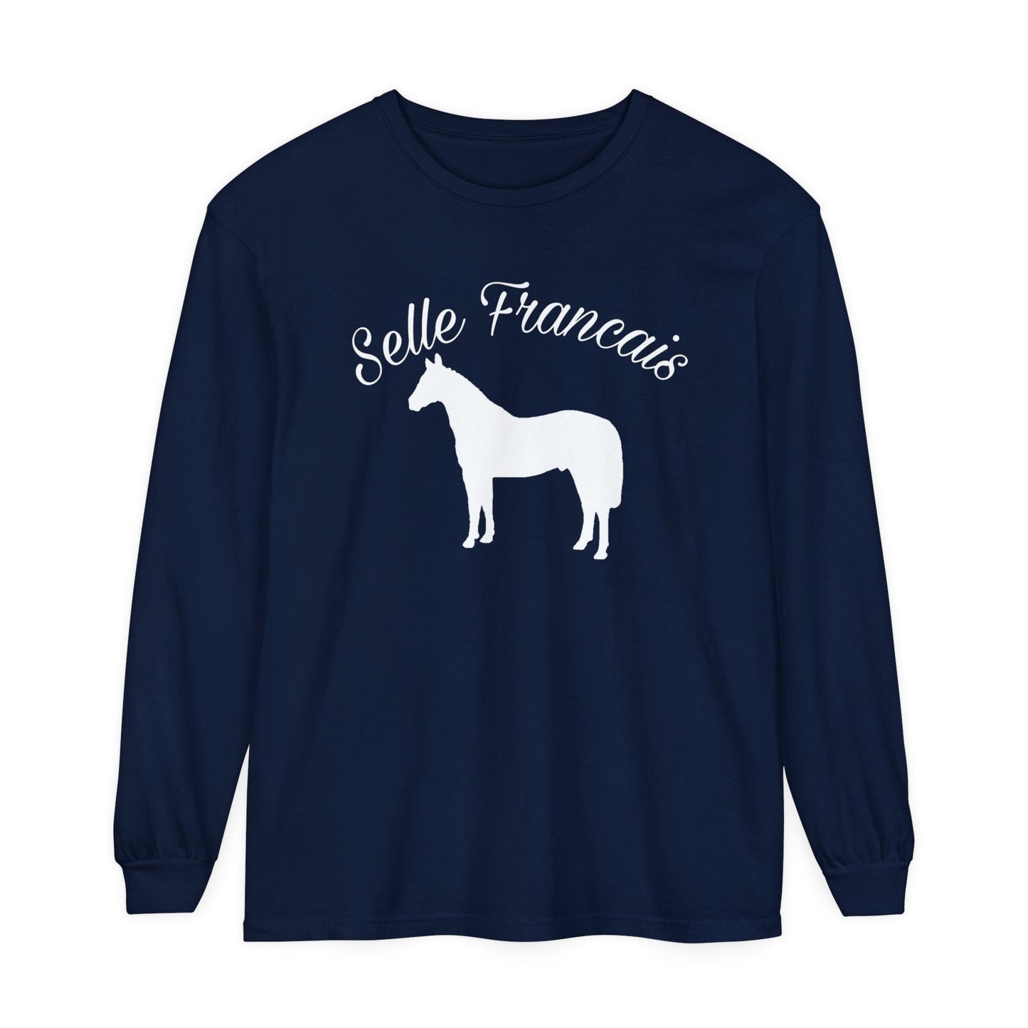 Unisex Horse T-Shirt-Garment-dyed-Long Sleeve-All Cotton-SELLE FRANCIAS WARMBLOOD HORSES - BrazenEmblazon