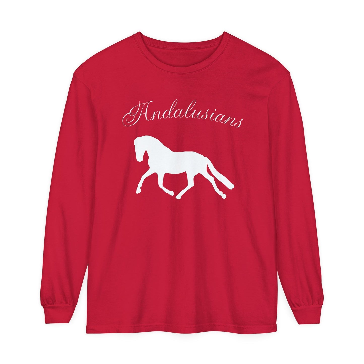 Unisex Horse T-Shirt-Garment-dyed-Long Sleeve-All Cotton-ANDALUSIANS - BrazenEmblazon