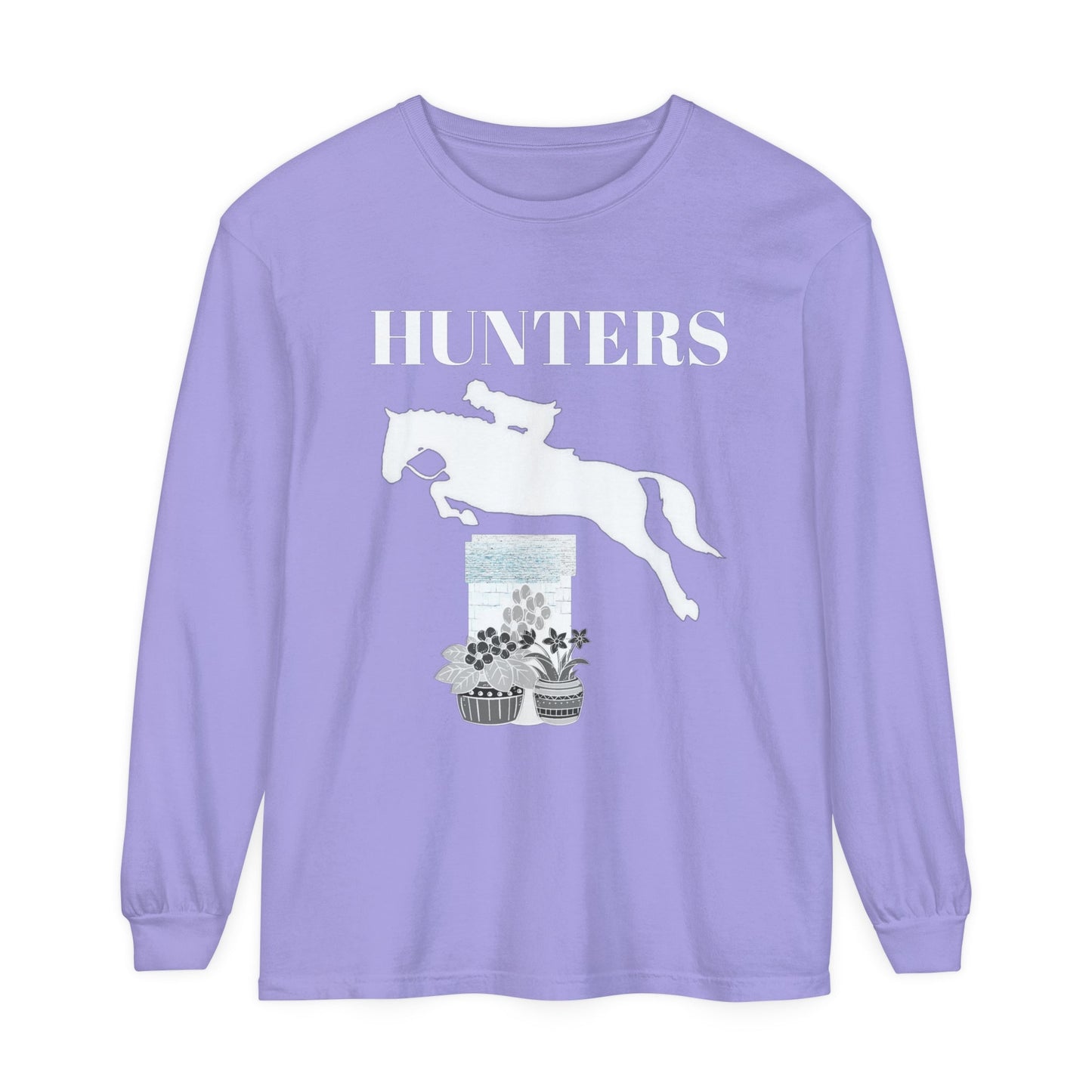 Unisex Horse T-Shirt-Garment-dyed-Long Sleeve-All Cotton-HUNTERS - BrazenEmblazon