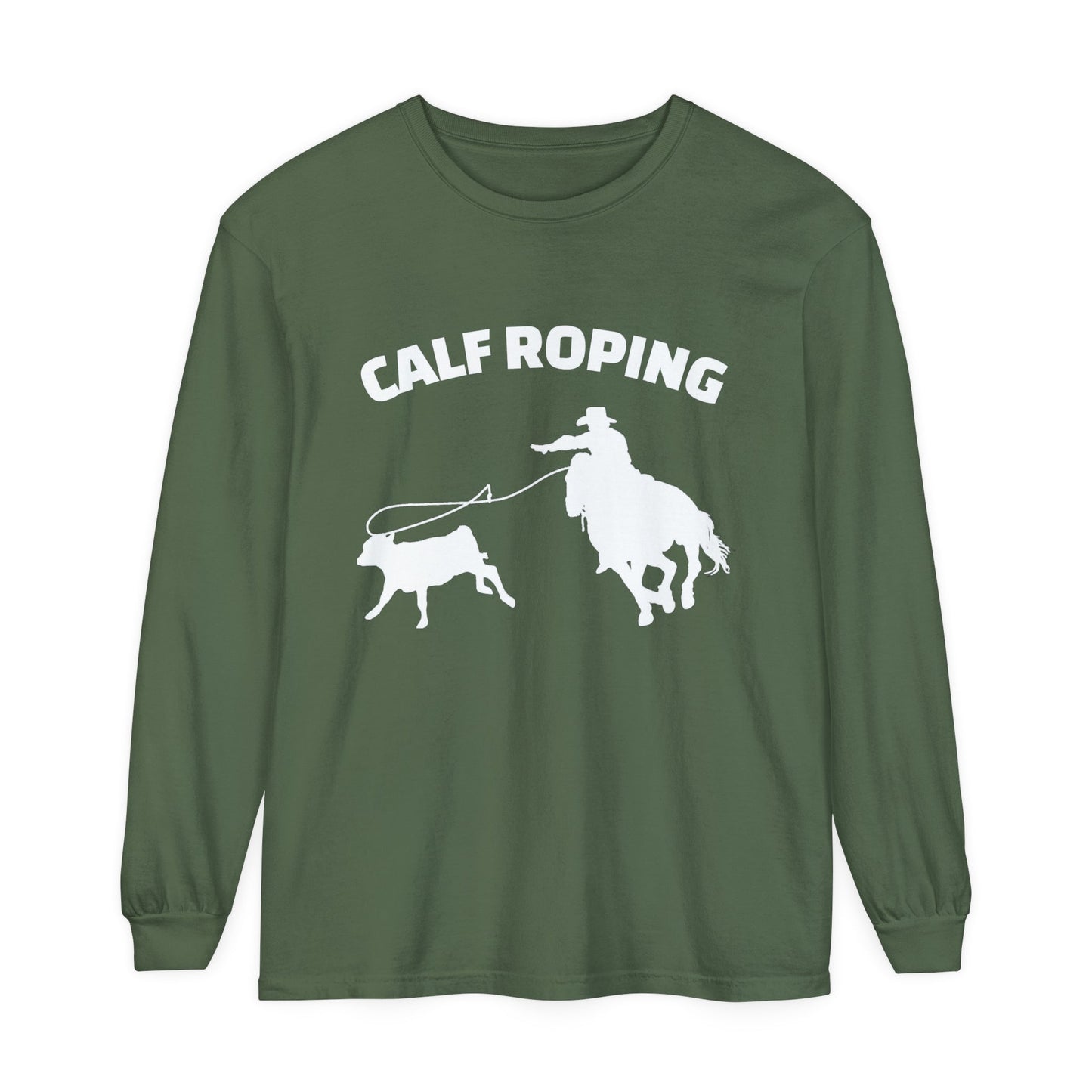 Unisex Horse T-Shirt-Garment-dyed-Long Sleeve-All Cotton-CALF ROPING - BrazenEmblazon