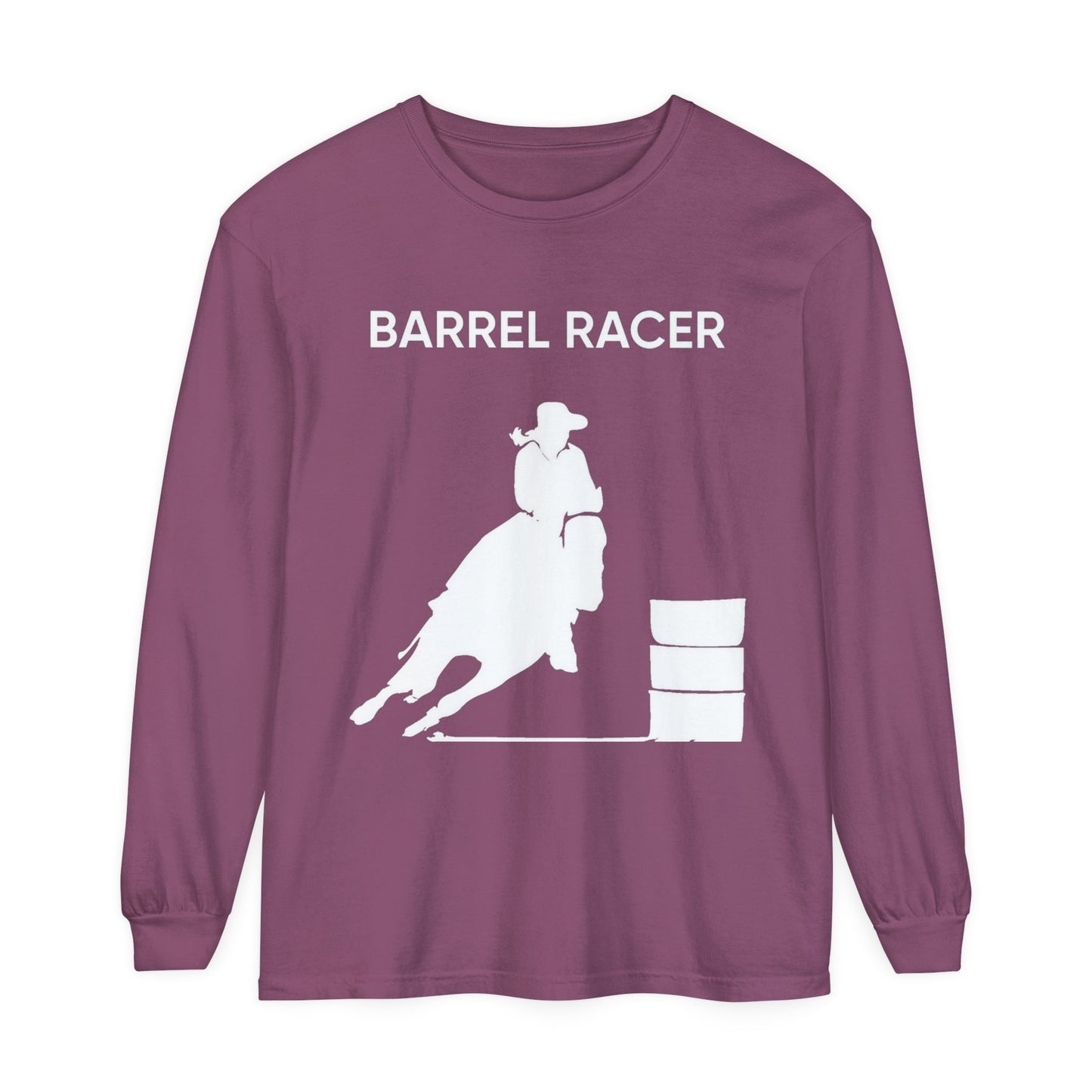 Unisex Horse T-Shirt-Garment-dyed-Long Sleeve-All Cotton-BARREL RACER - BrazenEmblazon