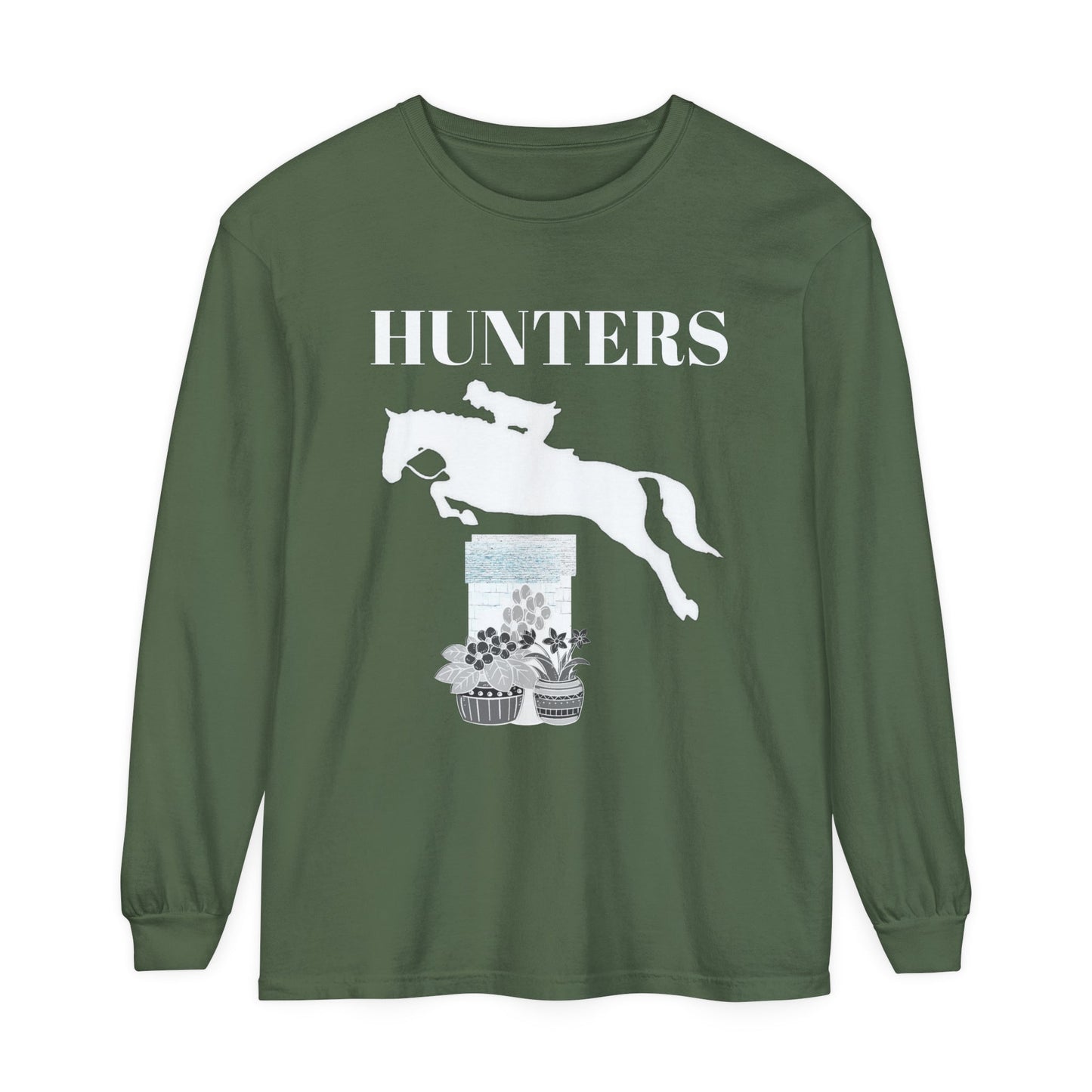 Unisex Horse T-Shirt-Garment-dyed-Long Sleeve-All Cotton-HUNTERS - BrazenEmblazon