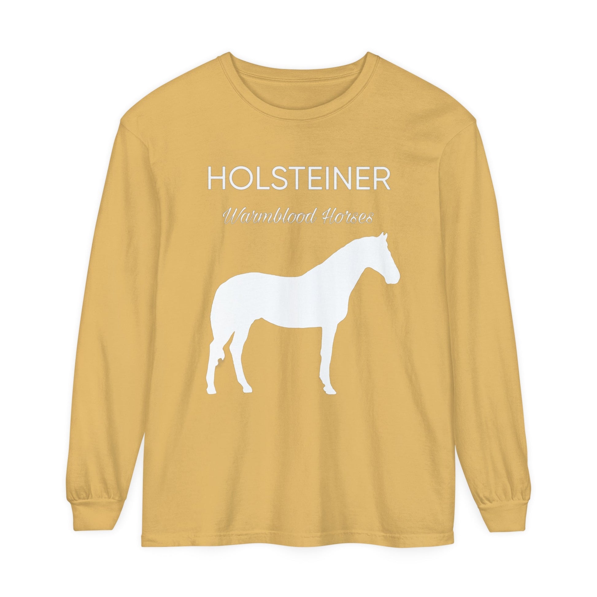 Unisex Horse T-Shirt-Garment-dyed-Long Sleeve-All Cotton-HOLSTEINER WARMBLOOD HORSES - BrazenEmblazon