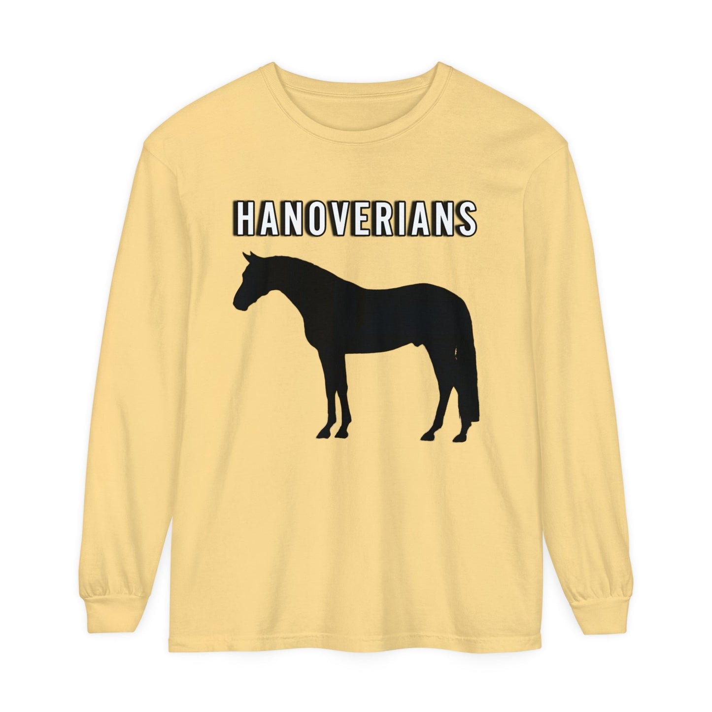 Unisex Horse T-Shirt-Garment-dyed-Long Sleeve-All Cotton-HANOVERIAN WARMBLOOD HORSES - BrazenEmblazon