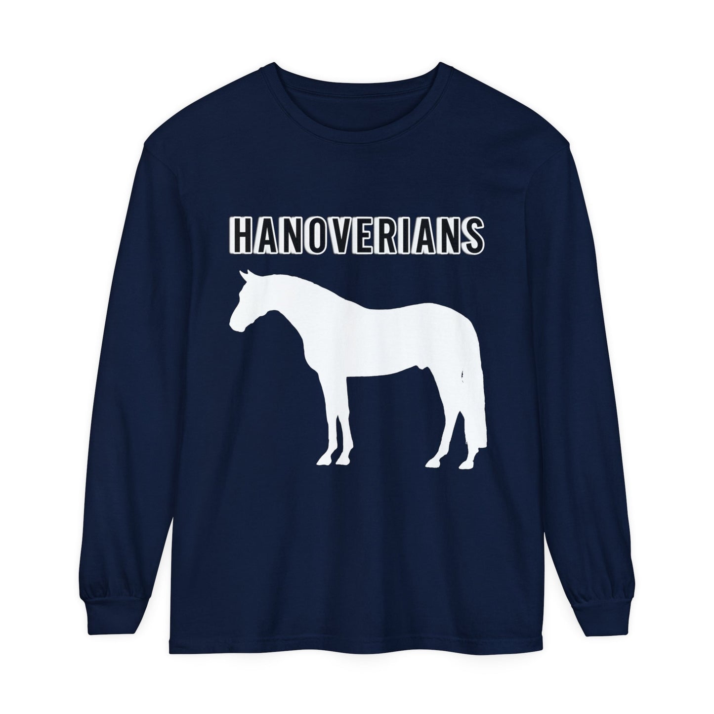 Unisex Horse T-Shirt-Garment-dyed-Long Sleeve-All Cotton-HANOVERIAN WARMBLOOD HORSES - BrazenEmblazon