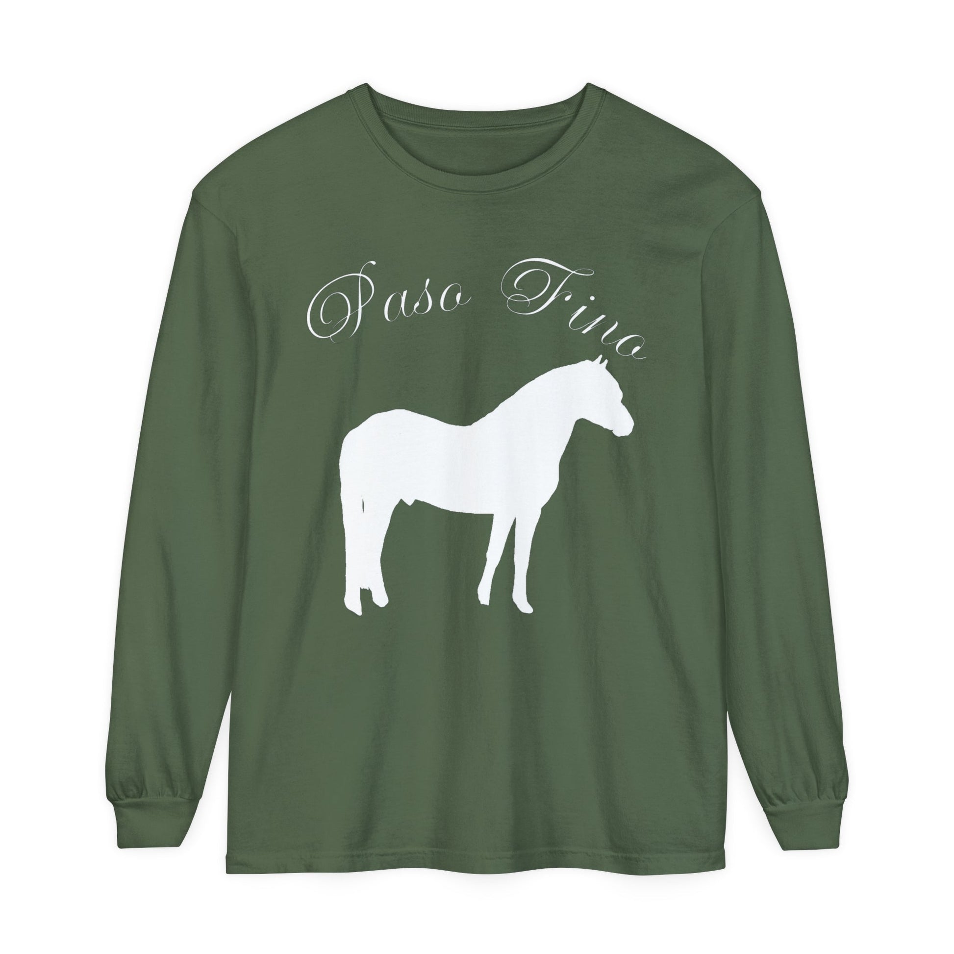 Unisex Horse T-Shirt-Garment-dyed-Long Sleeve-All Cotton-PASO FINO HORSES - BrazenEmblazon