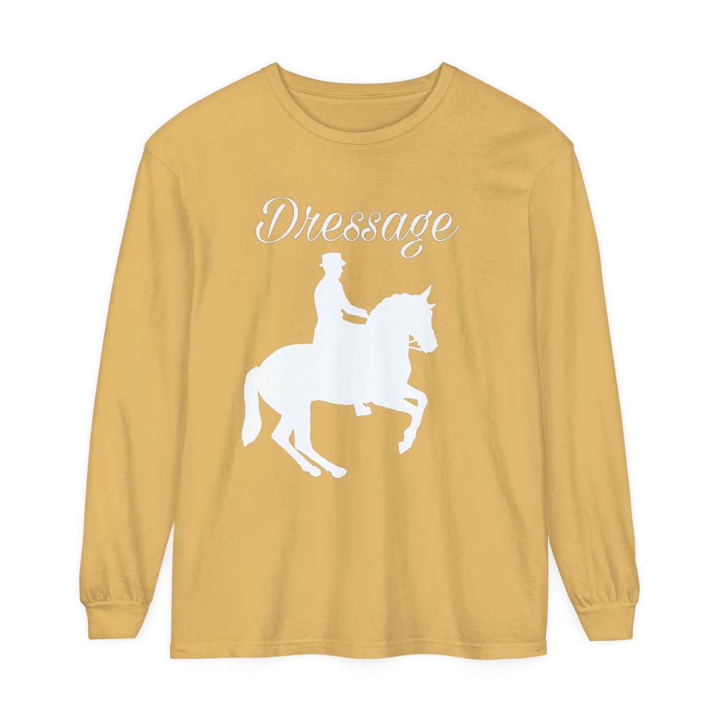 Unisex Horse T-Shirt-Garment-dyed-Long Sleeve-All Cotton-DRESSAGE - BrazenEmblazon