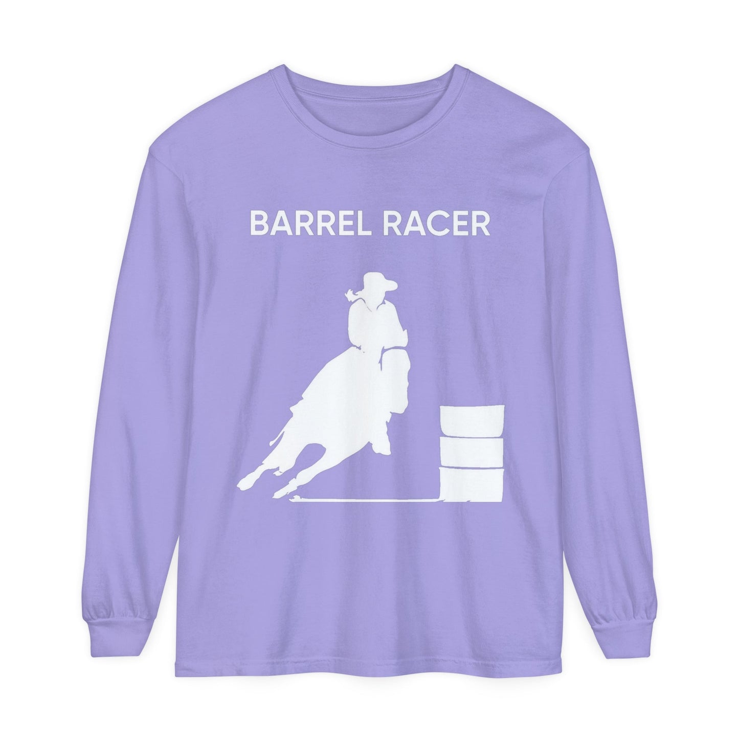 Unisex Horse T-Shirt-Garment-dyed-Long Sleeve-All Cotton-BARREL RACER - BrazenEmblazon