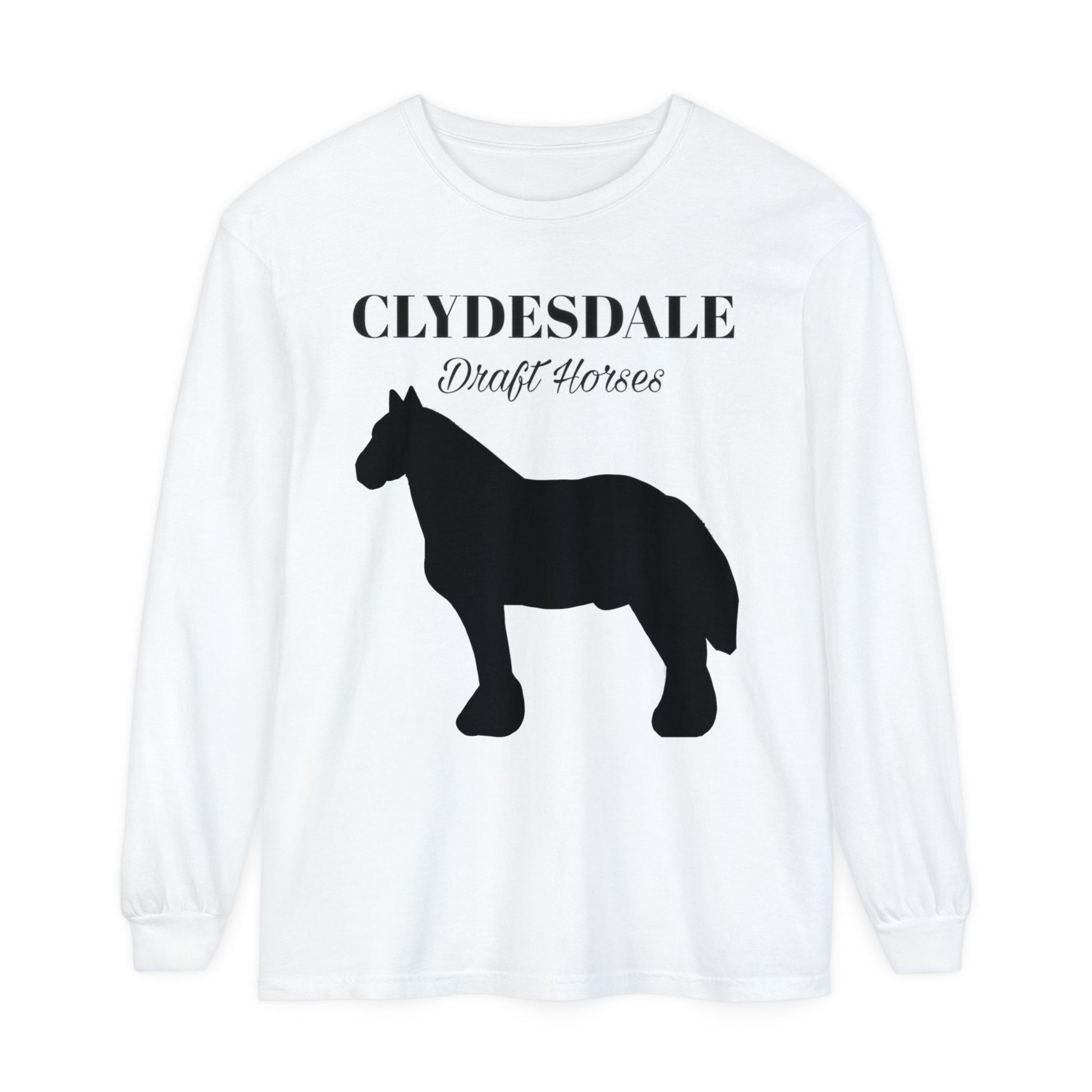 Unisex Horse T-Shirt-Garment-dyed-Long Sleeve-All Cotton-CLYDESDALE HORSES - BrazenEmblazon