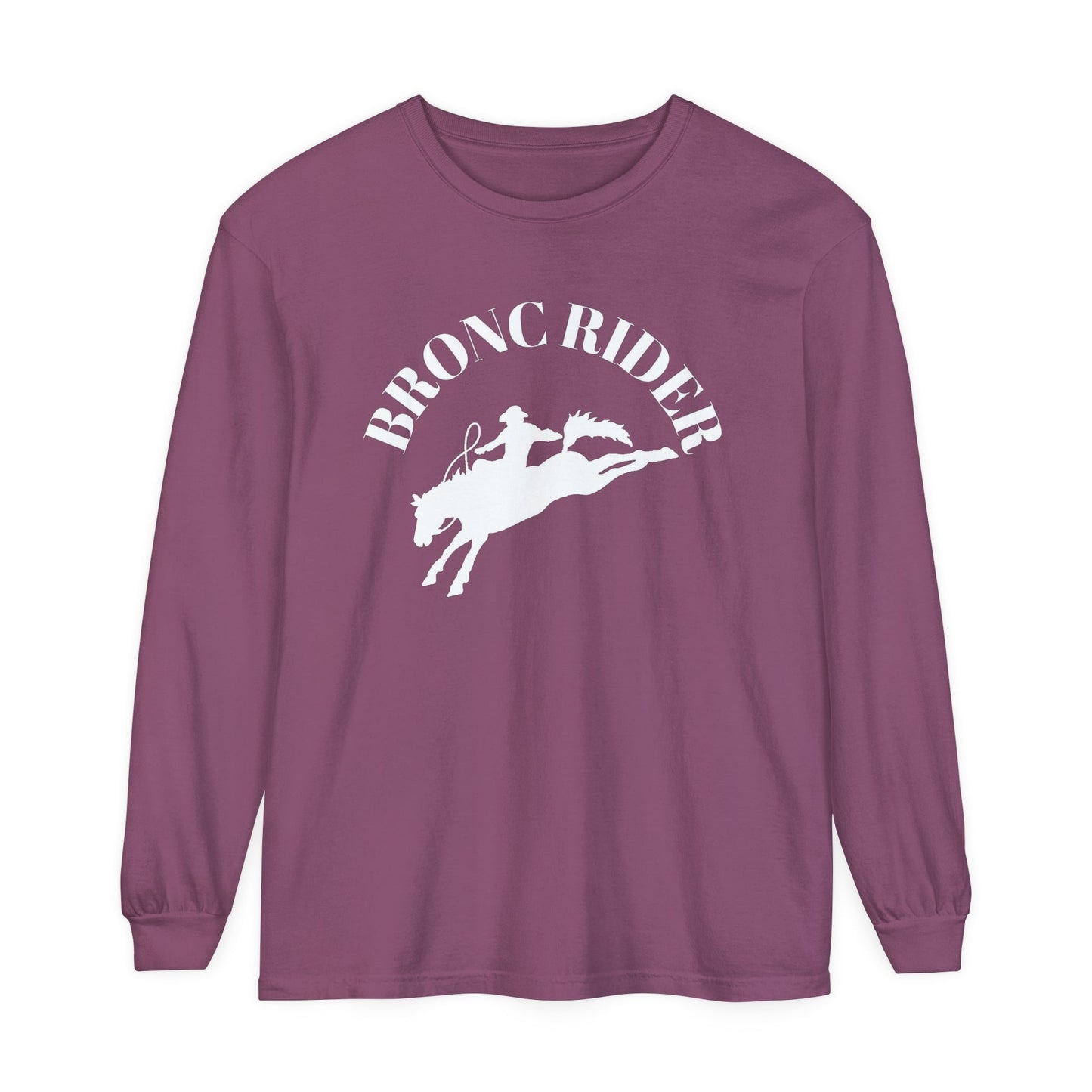 Unisex Horse T-Shirt-Garment-dyed-Long Sleeve-All Cotton-BRONC RIDER - BrazenEmblazon