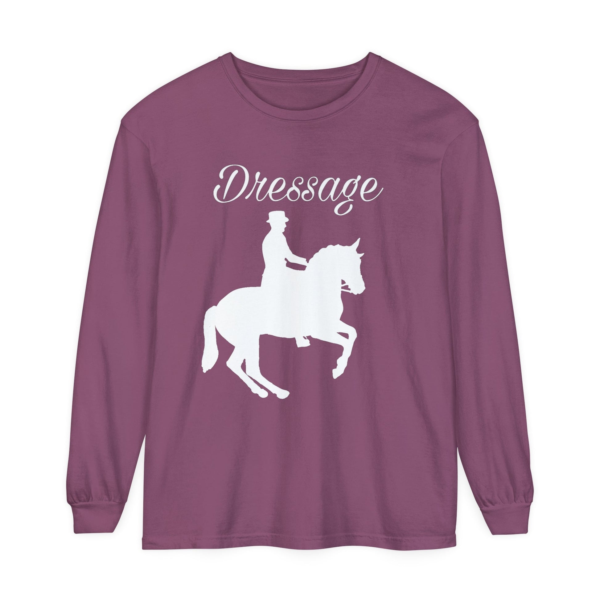 Unisex Horse T-Shirt-Garment-dyed-Long Sleeve-All Cotton-DRESSAGE - BrazenEmblazon