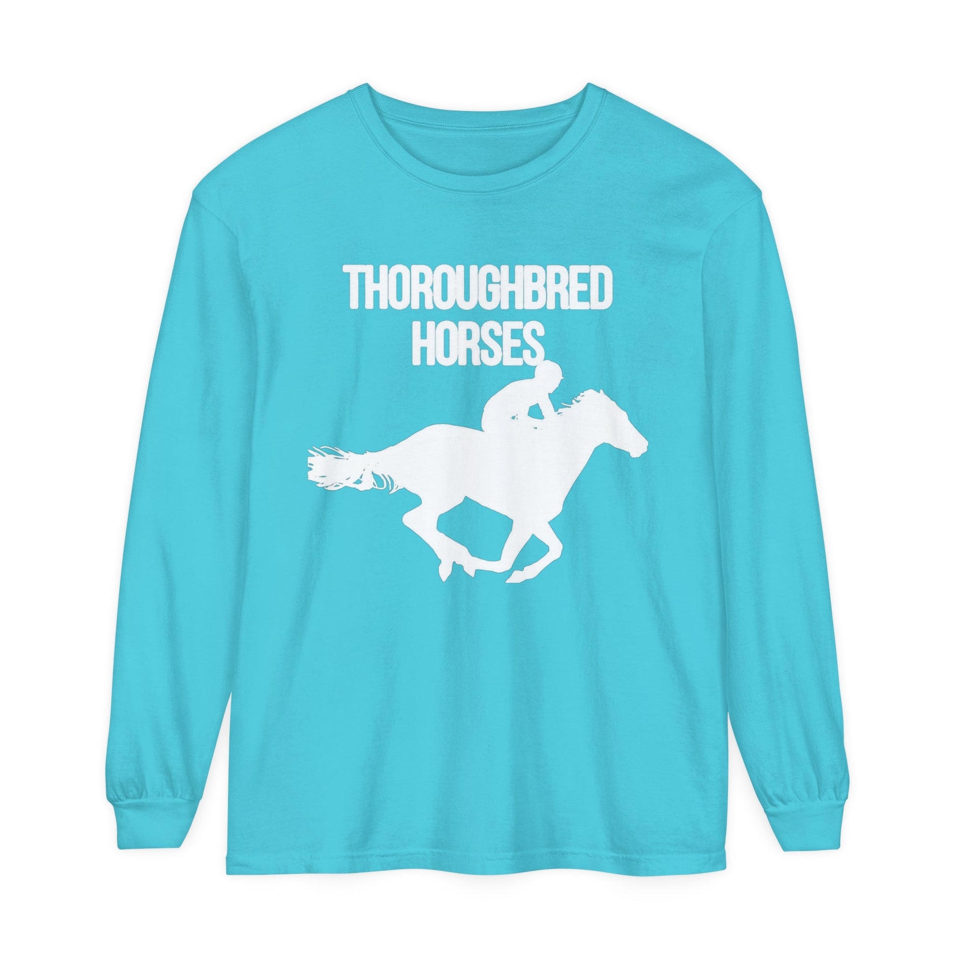 Unisex Horse T-Shirt-Garment-dyed-Long Sleeve-All Cotton-THOROUGHBREDS - BrazenEmblazon