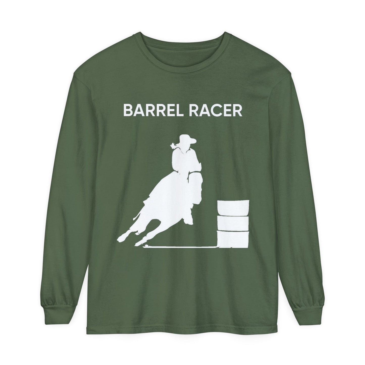 Unisex Horse T-Shirt-Garment-dyed-Long Sleeve-All Cotton-BARREL RACER - BrazenEmblazon