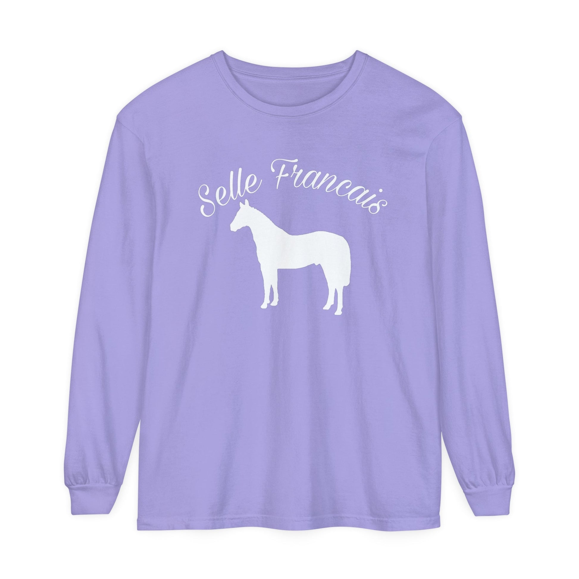 Unisex Horse T-Shirt-Garment-dyed-Long Sleeve-All Cotton-SELLE FRANCIAS WARMBLOOD HORSES - BrazenEmblazon