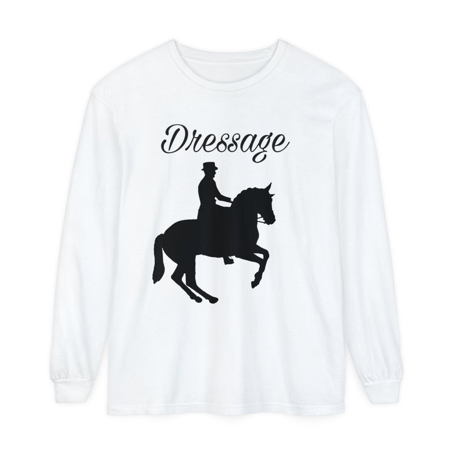 Unisex Horse T-Shirt-Garment-dyed-Long Sleeve-All Cotton-DRESSAGE - BrazenEmblazon