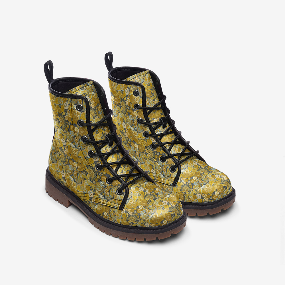 Boots-Lace Up-Casual-Faux Leather-Lightweight-Gold Paisley