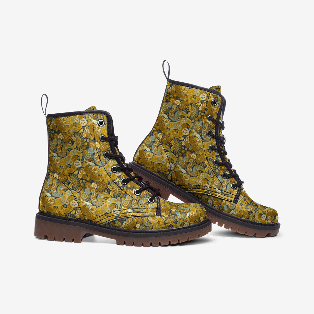 Boots-Lace Up-Casual-Faux Leather-Lightweight-Gold Paisley