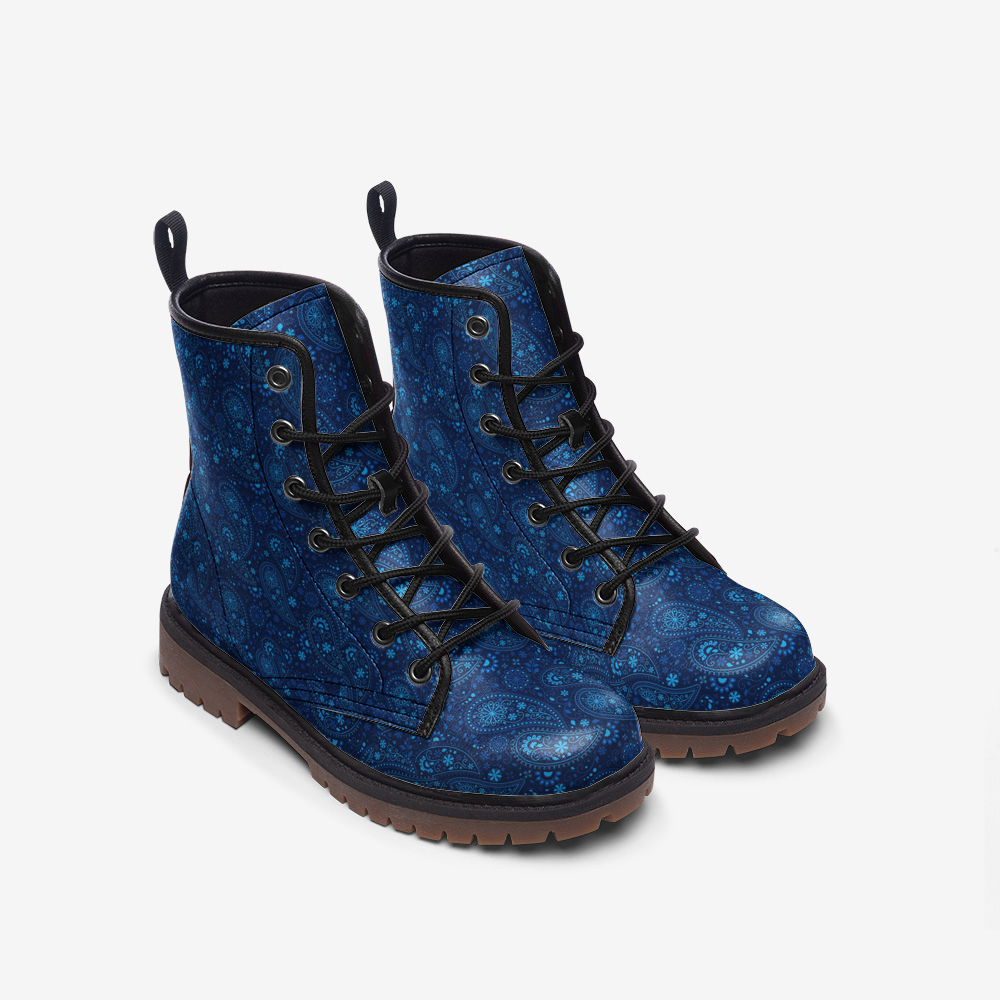 Boots-Lace Up-Casual-Faux Leather-Lightweight-Navy Paisley