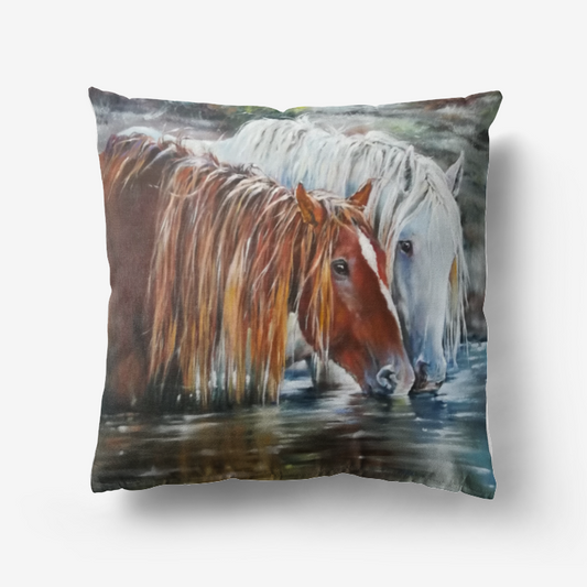 Pillow-Throw-Premium Hypoallergenic-Chestnut Horse-Gray Horse-River-Water