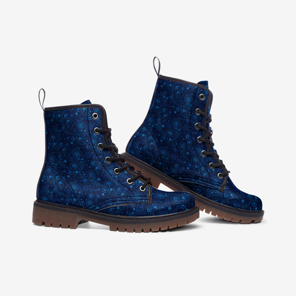 Boots-Lace Up-Casual-Faux Leather-Lightweight-Navy Paisley