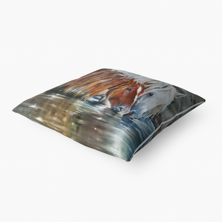 Pillow-Throw-Premium Hypoallergenic-Chestnut Horse-Gray Horse-River-Water